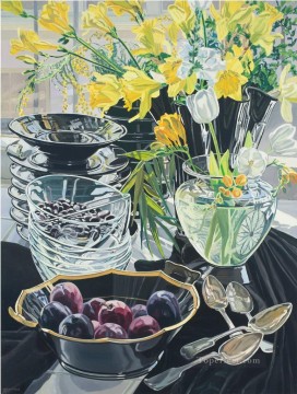 フォトリアリズム静物画 Painting - ガラスの花と果物 JF リアリズム静物画